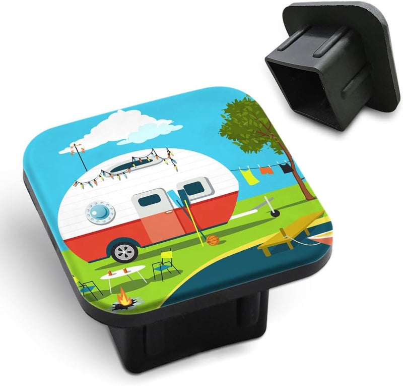 Tnomchey Camping 2 Receiver Hitch Cover Car Boat Relax Fishing Travel Fire Tree Nature Sky Cloud Soft Rubber Protects Hitch Tube Rear Trailer Hitch Cover Universal Fits 2" Receivers for Men Women - Image 1
